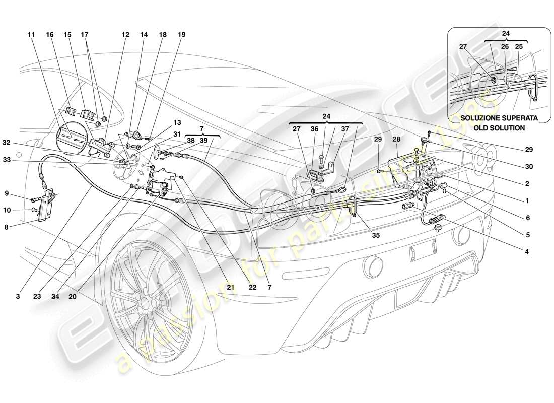 ferrari f430 scuderia spider 16m (europe) engine compartment lid and fuel filler flap opening mechanisms parts diagram