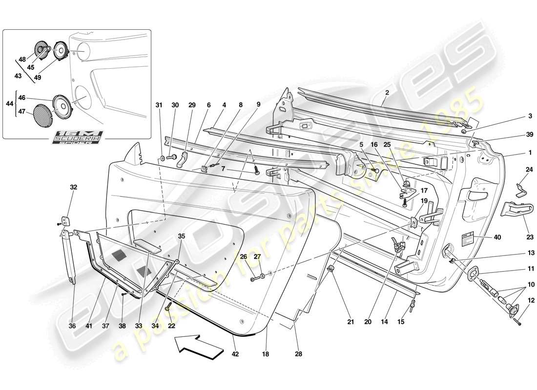 ferrari f430 scuderia spider 16m (europe) doors - substructure and trim parts diagram