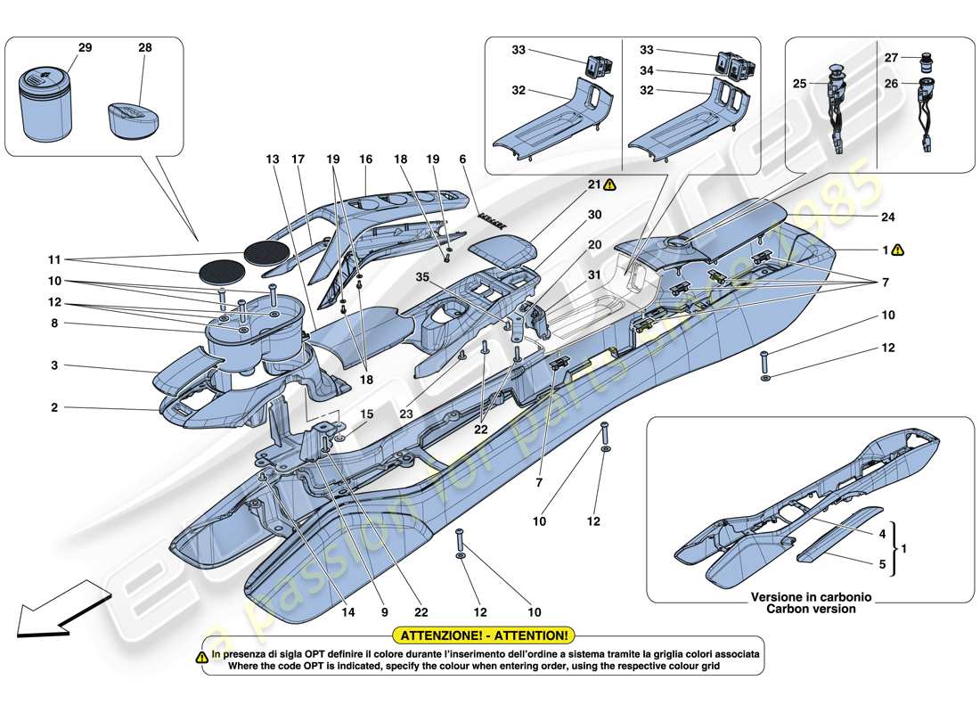 ferrari 488 gtb (rhd) tunnel - substructure and accessories parts diagram