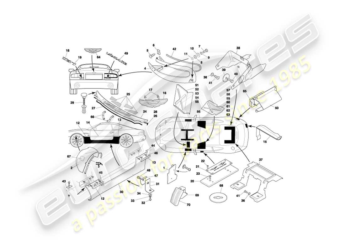 aston martin db7 vantage (1999) body fittings part diagram