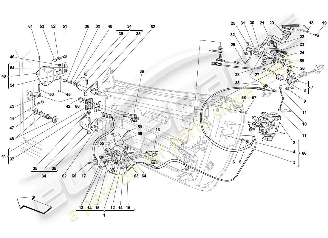 ferrari f430 scuderia (usa) doors - opening mechanism and hinges part diagram