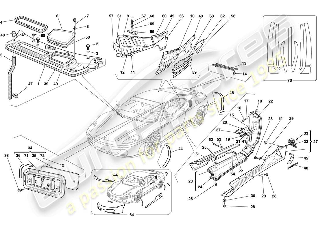 ferrari f430 coupe (rhd) shields - external trim parts diagram
