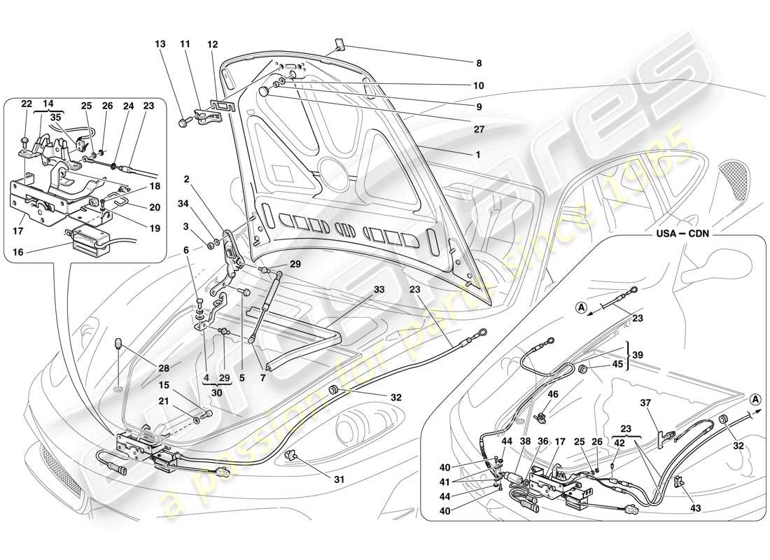 ferrari f430 scuderia (usa) front lid and opening mechanism part diagram