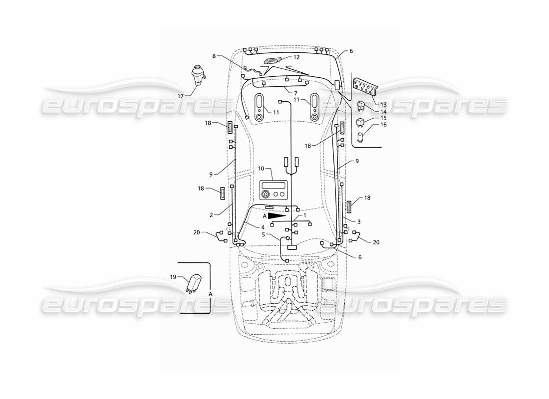 maserati qtp v6 (1996) electrical system: boot-doors-passanger compartment (lhd) parts diagram