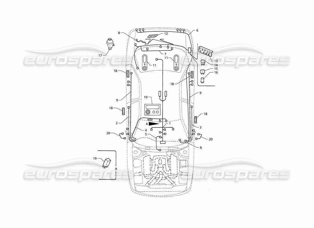 maserati qtp v6 (1996) electrical system: boot-doors-passanger compartment (rhd) parts diagram