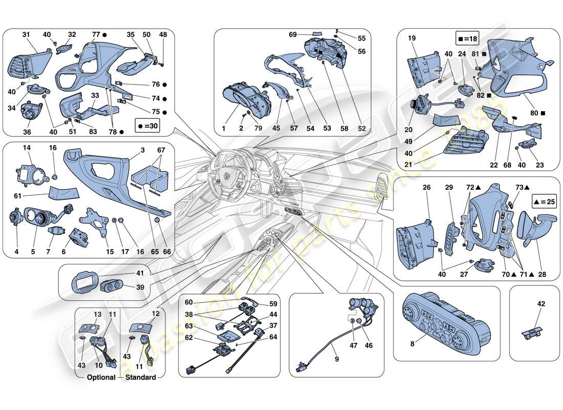 ferrari 458 spider (rhd) dashboard and tunnel instruments parts diagram