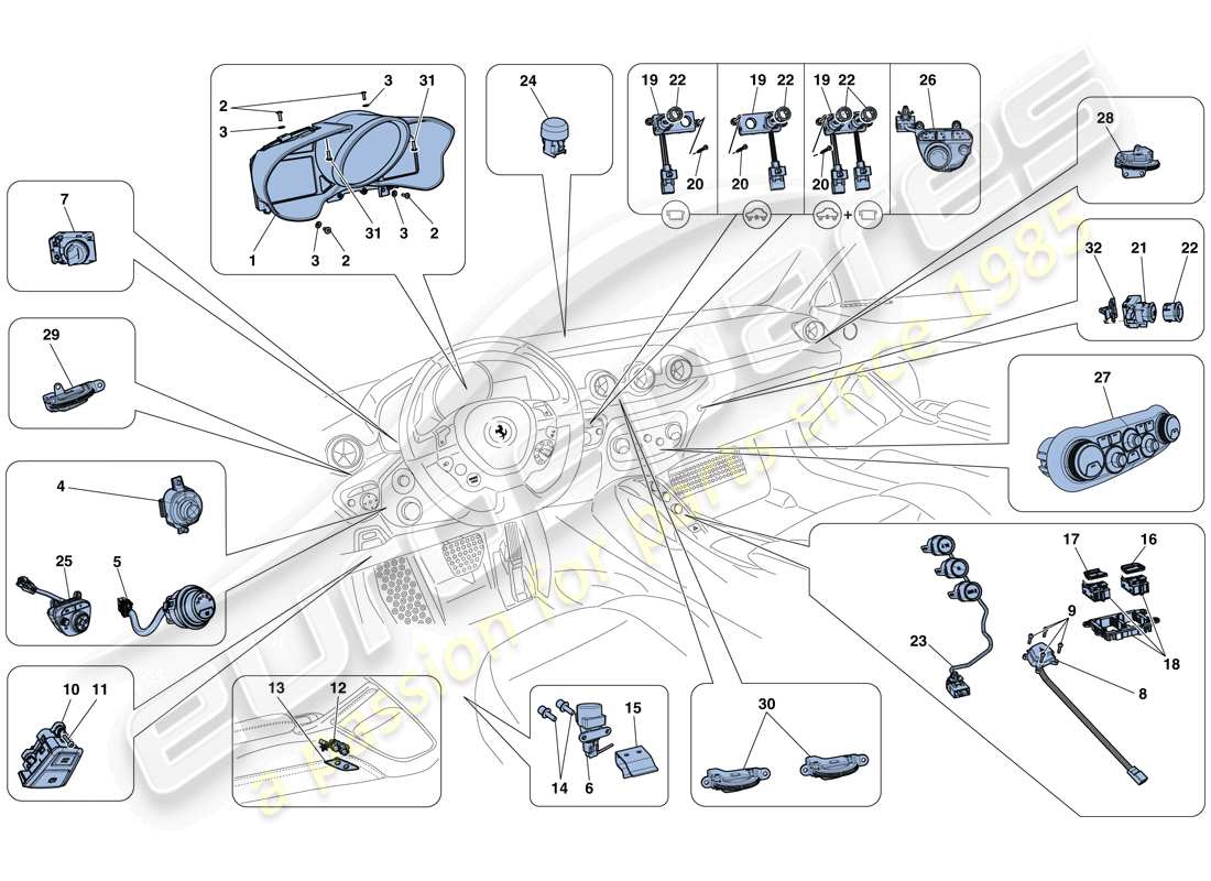 ferrari f12 berlinetta (europe) dashboard and tunnel instruments parts diagram