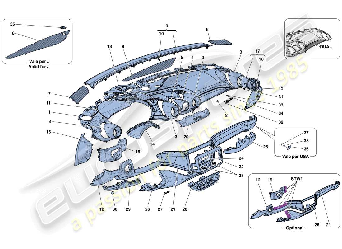 ferrari california t (europe) dashboard - trim parts diagram