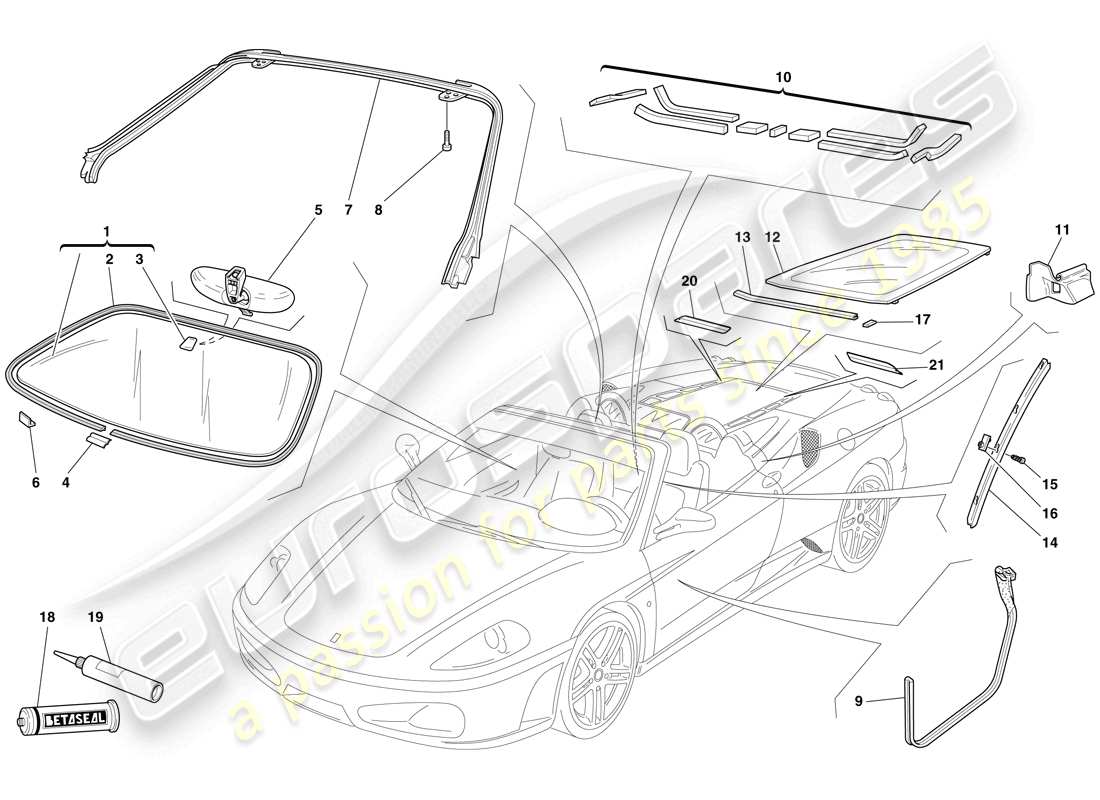 ferrari f430 spider (rhd) screens, windows and seals parts diagram