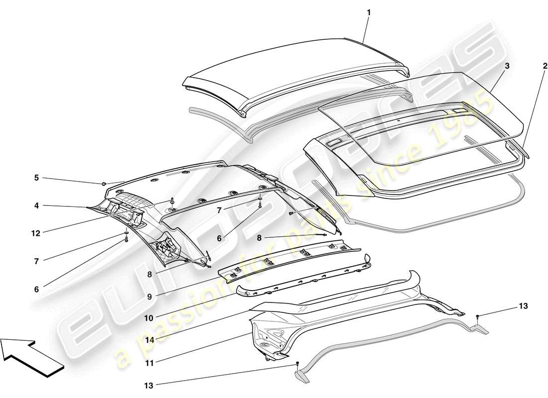 ferrari california (usa) electric roof: trim parts diagram