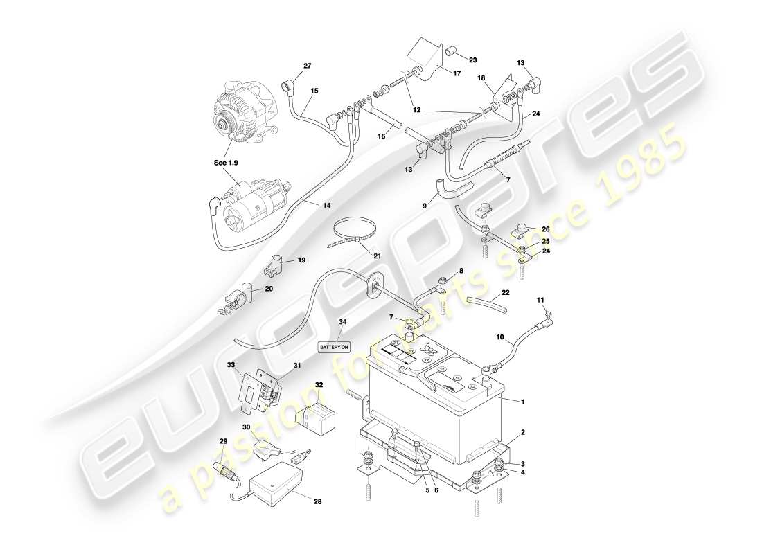 aston martin db7 vantage (2000) battery & tray part diagram