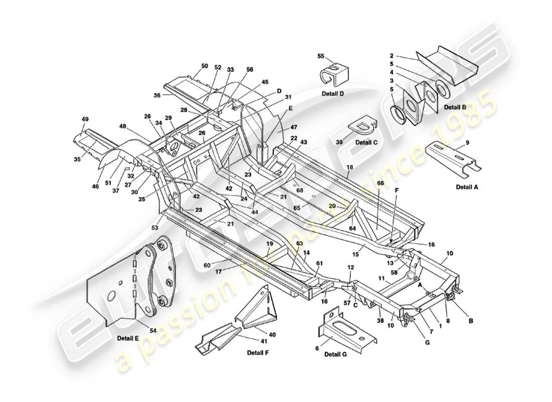 aston martin v8 volante (1998) chassis frame part diagram