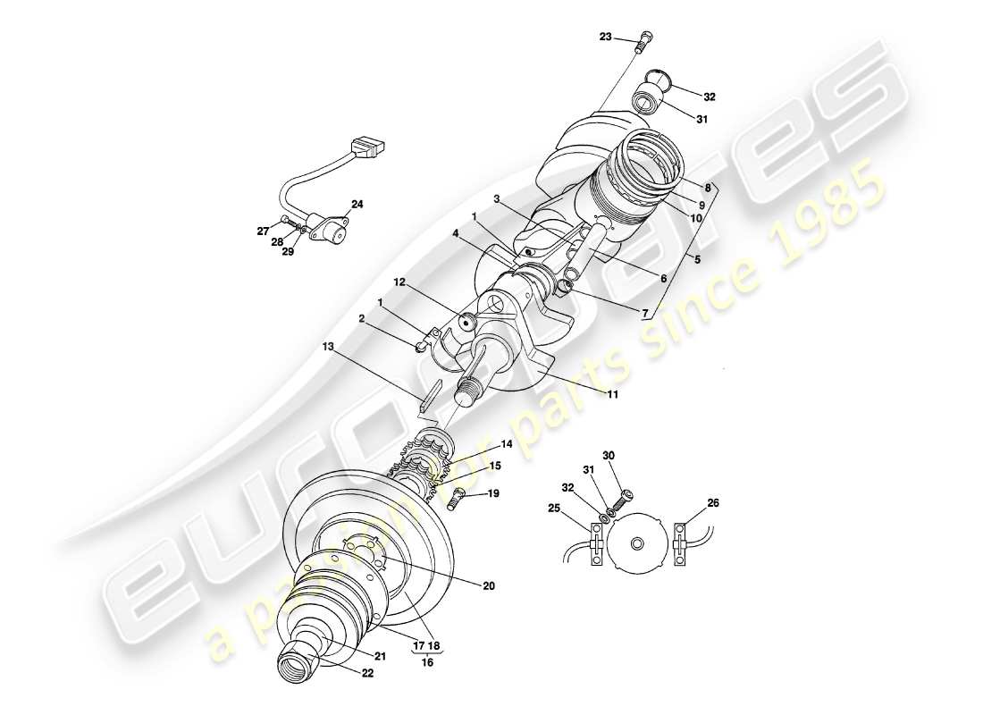 aston martin v8 volante (1998) crankshaft, pistons & rods part diagram