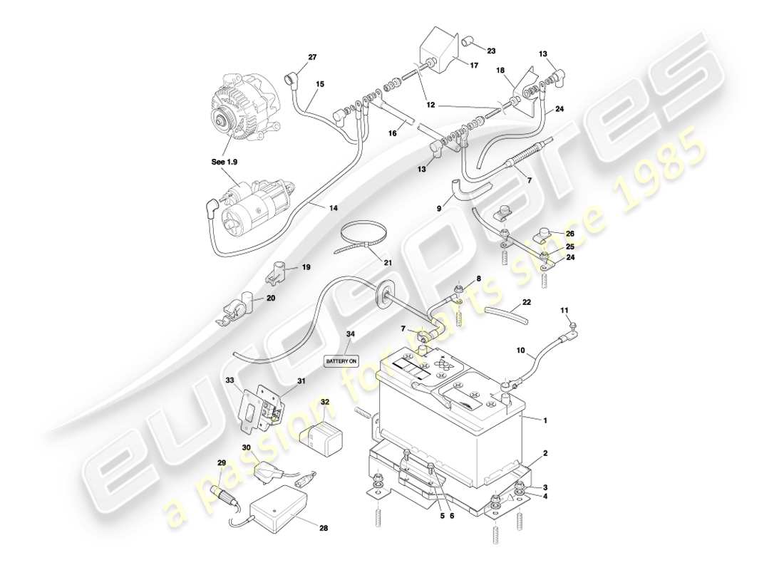 aston martin db7 vantage (2003) battery & tray part diagram