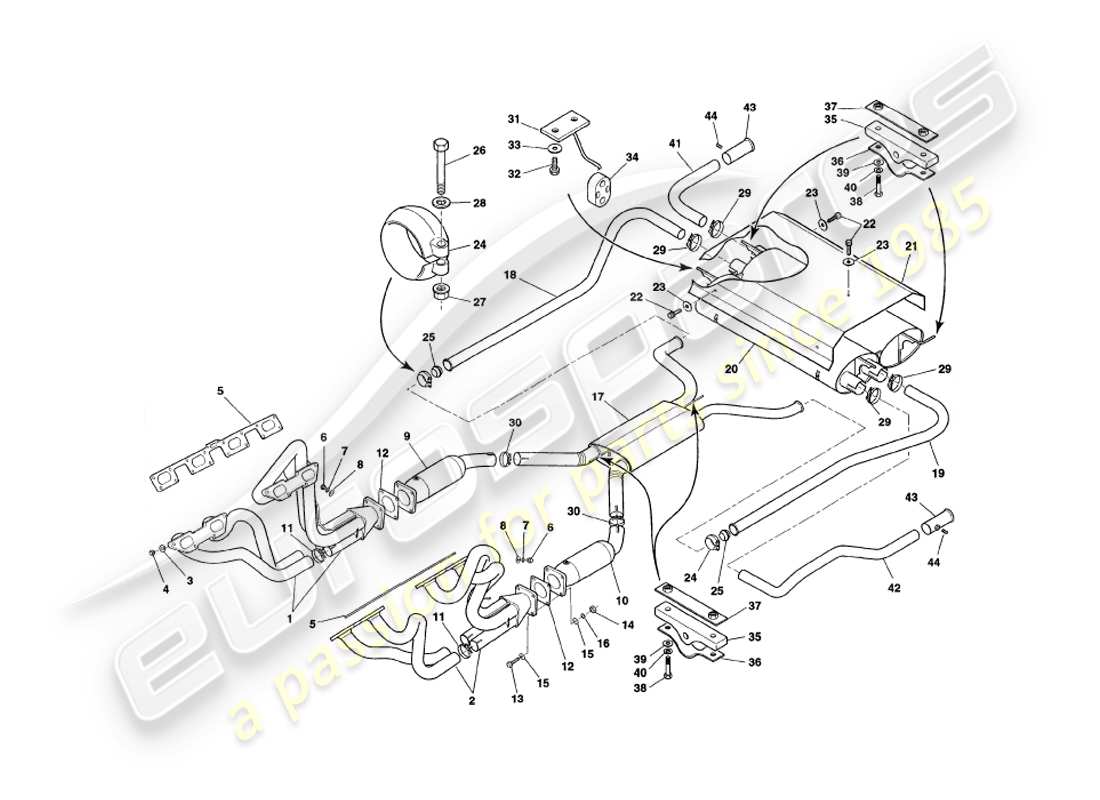 aston martin v8 coupe (1999) exhaust system parts diagram