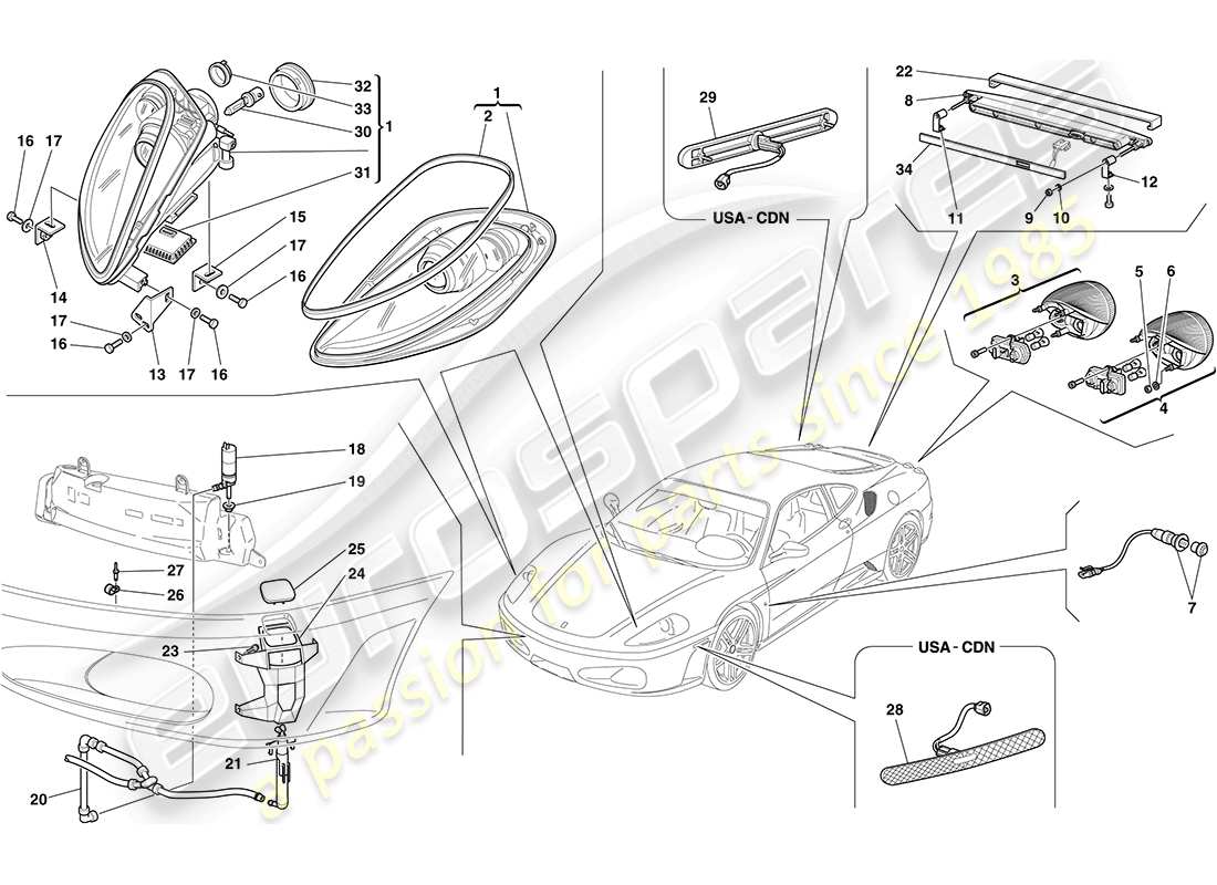 ferrari f430 coupe (usa) headlights and taillights part diagram