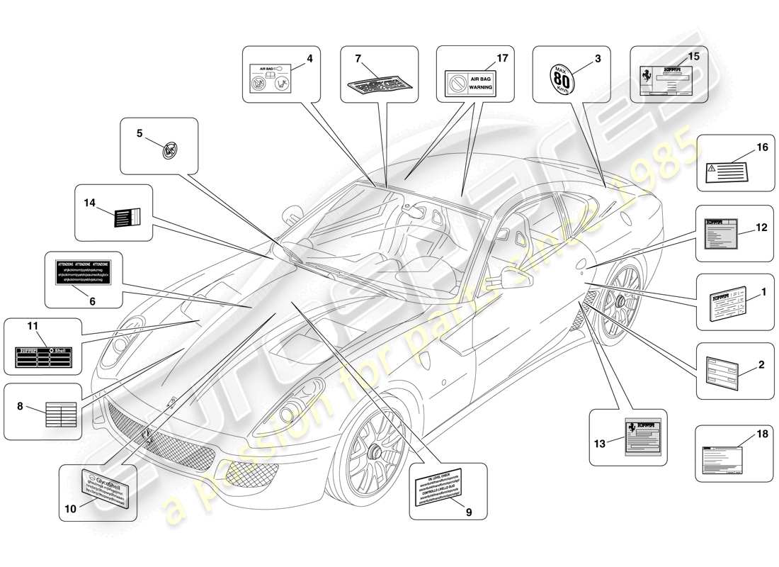 ferrari 599 gto (rhd) adhesive labels and plaques parts diagram
