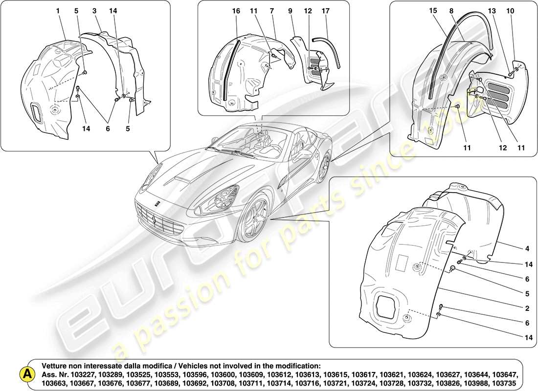 ferrari california (rhd) wheelhouses and doors part diagram