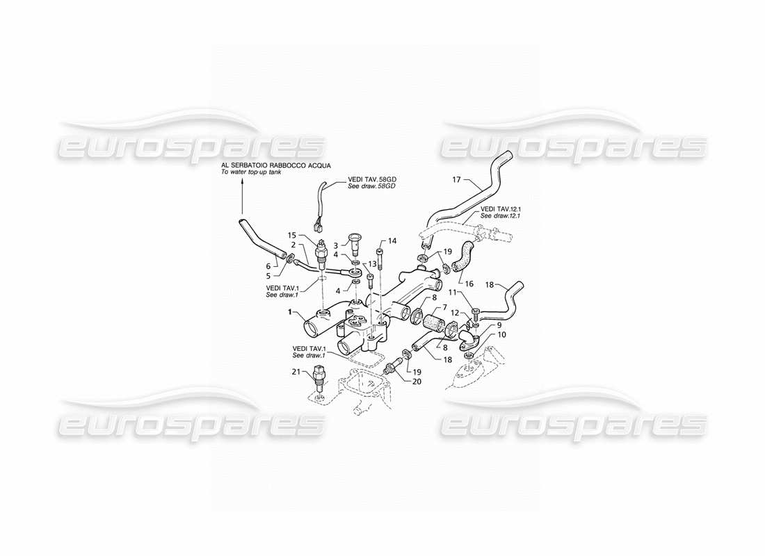 maserati qtp v8 (1998) engine cooling pipes and thermostat (rhd) parts diagram