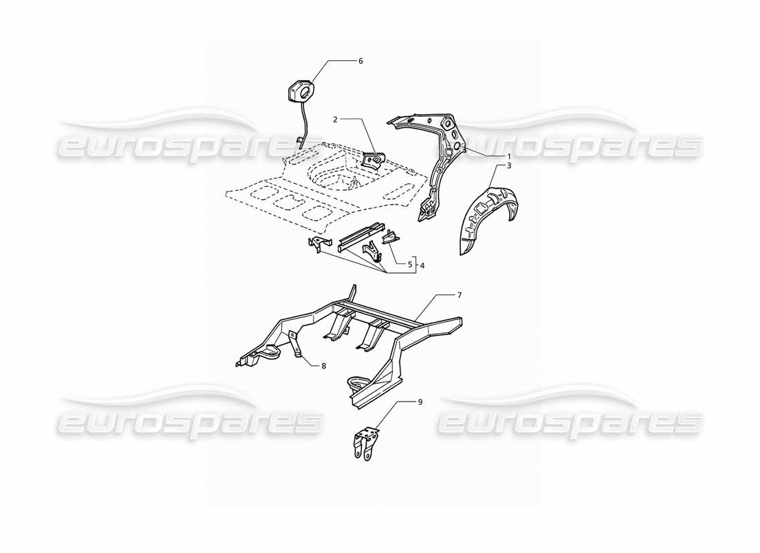 maserati qtp v6 (1996) body shell: rear outer structure part diagram