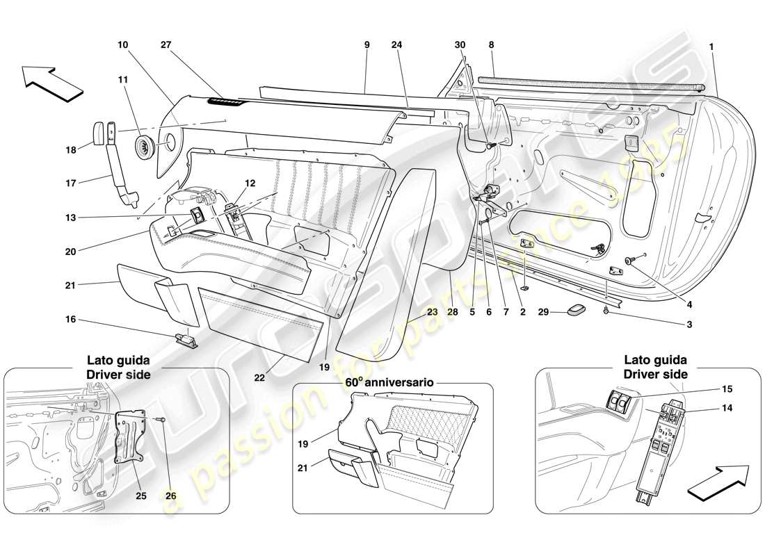 ferrari 612 scaglietti (usa) doors - substructure and trim part diagram