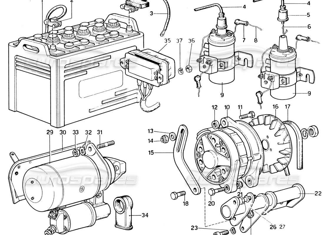 ferrari 365 gtb4 daytona (1969) generator, accumulator coils & starter (1974 revision) parts diagram