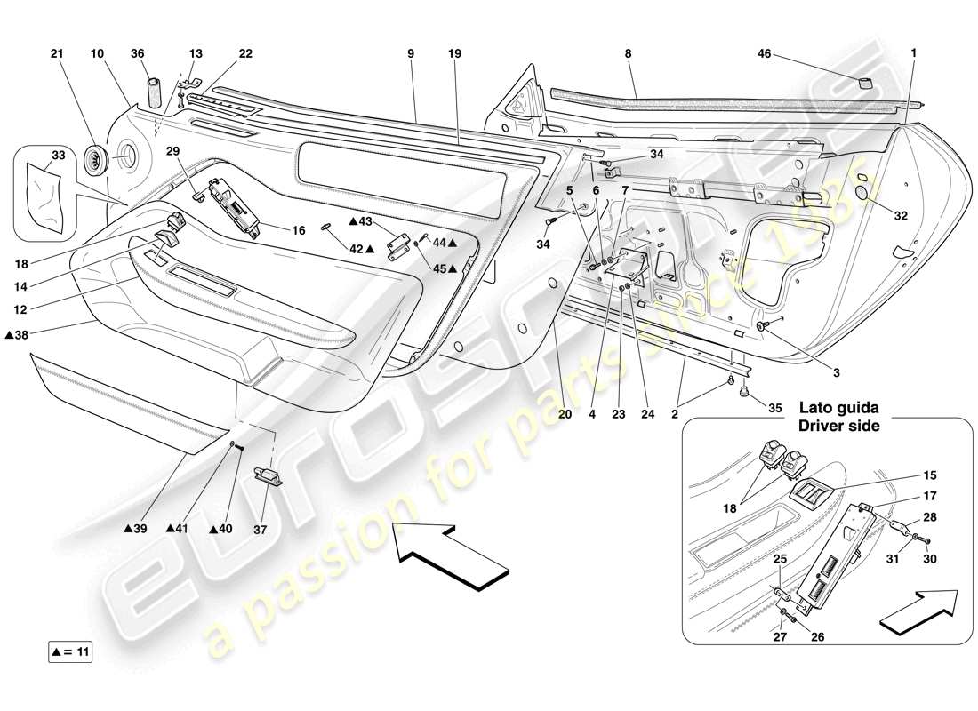 ferrari 599 gto (usa) doors - substructure and trim parts diagram