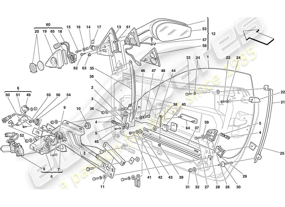 ferrari f430 coupe (usa) doors - power windows and rear-view mirror parts diagram