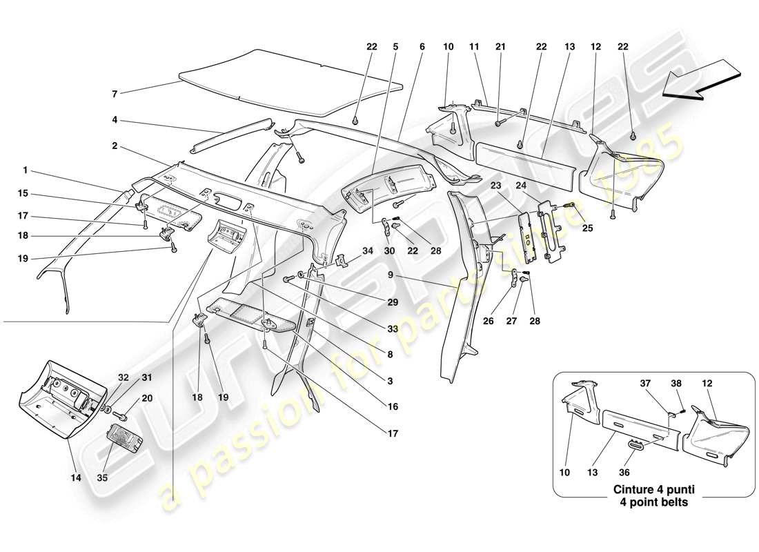 ferrari f430 scuderia (usa) headliner trim and accessories parts diagram
