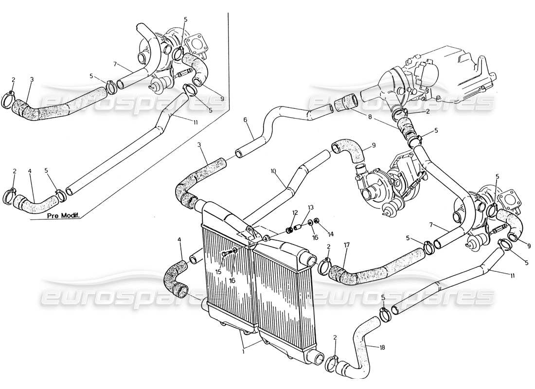 maserati 222 / 222e biturbo heal exchanger - pipes part diagram