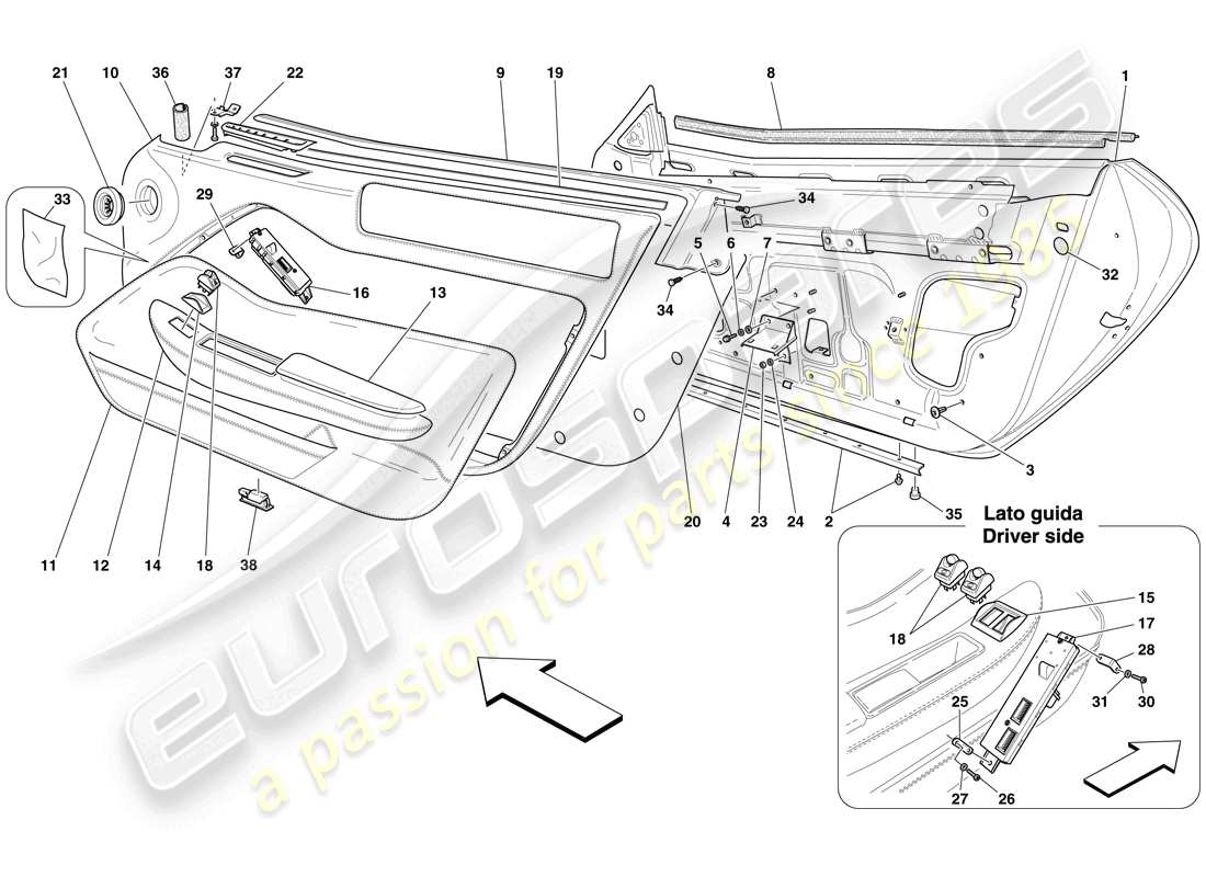 ferrari 599 gtb fiorano (rhd) doors - substructure and trim parts diagram