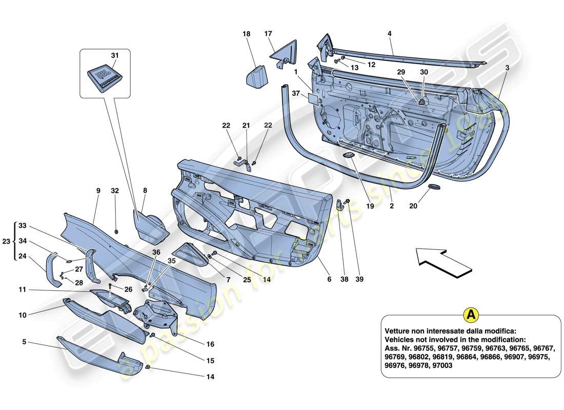 ferrari 458 italia (europe) doors - substructure and trim parts diagram