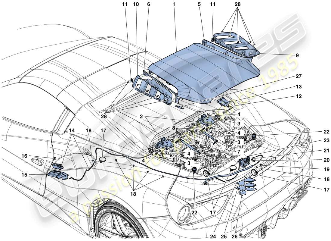 ferrari 488 spider (rhd) engine compartment lid and release mechanism parts diagram