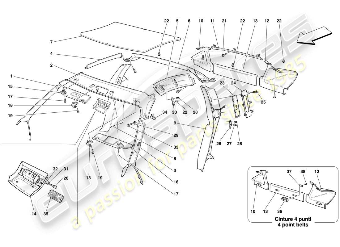 ferrari f430 scuderia spider 16m (rhd) headliner trim and accessories parts diagram