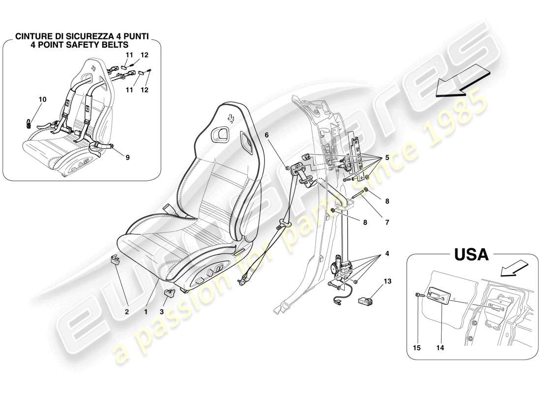 ferrari 599 gto (rhd) complete front seat and seat belts parts diagram