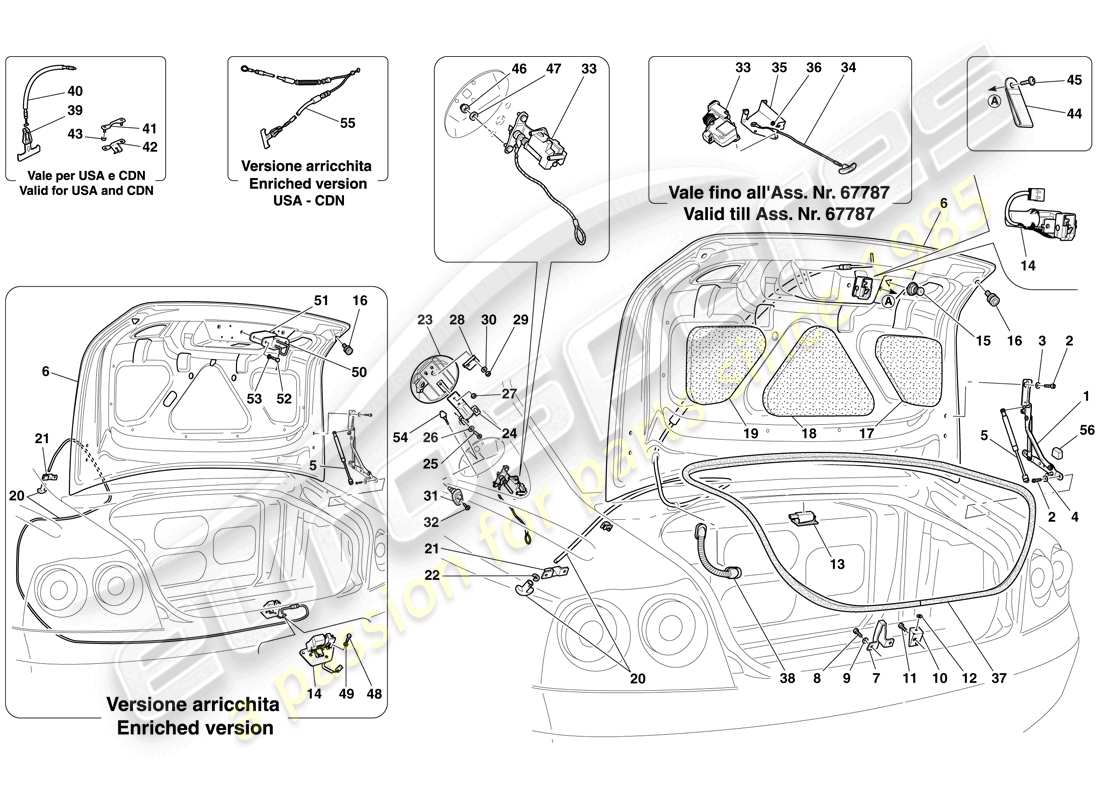 ferrari 612 sessanta (usa) luggage compartment lid and fuel filler flap parts diagram