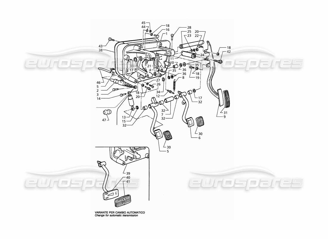 maserati qtp. 3.2 v8 (1999) pedal assy clutch pump for rh drive (m.t and a.t.) parts diagram