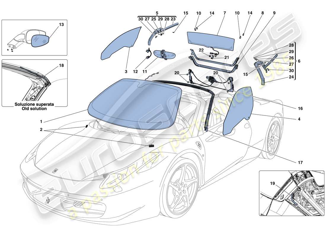 ferrari 458 spider (rhd) screens, windows and seals parts diagram