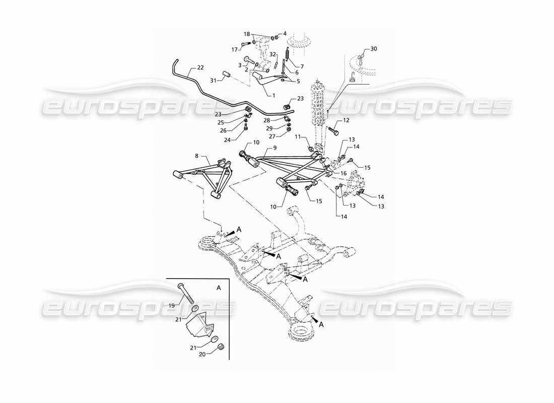 maserati qtp v6 (1996) rear suspension pre modification and anti roll bar part diagram