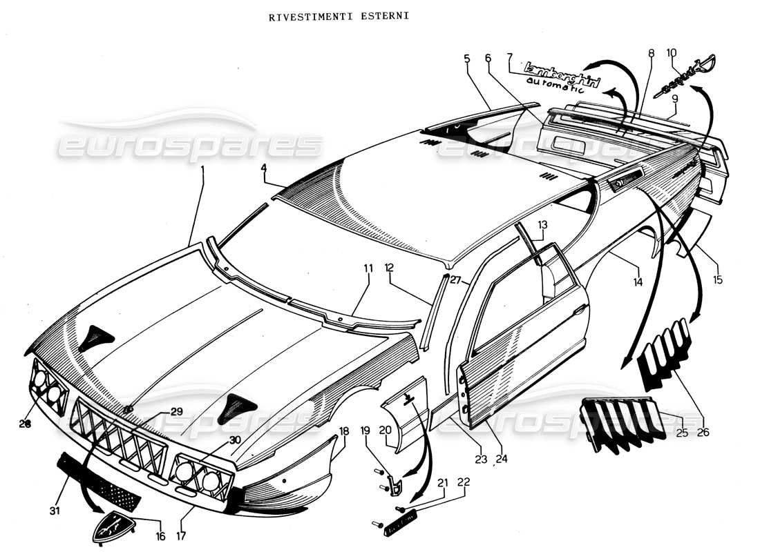 lamborghini espada body panels & external fixings part diagram