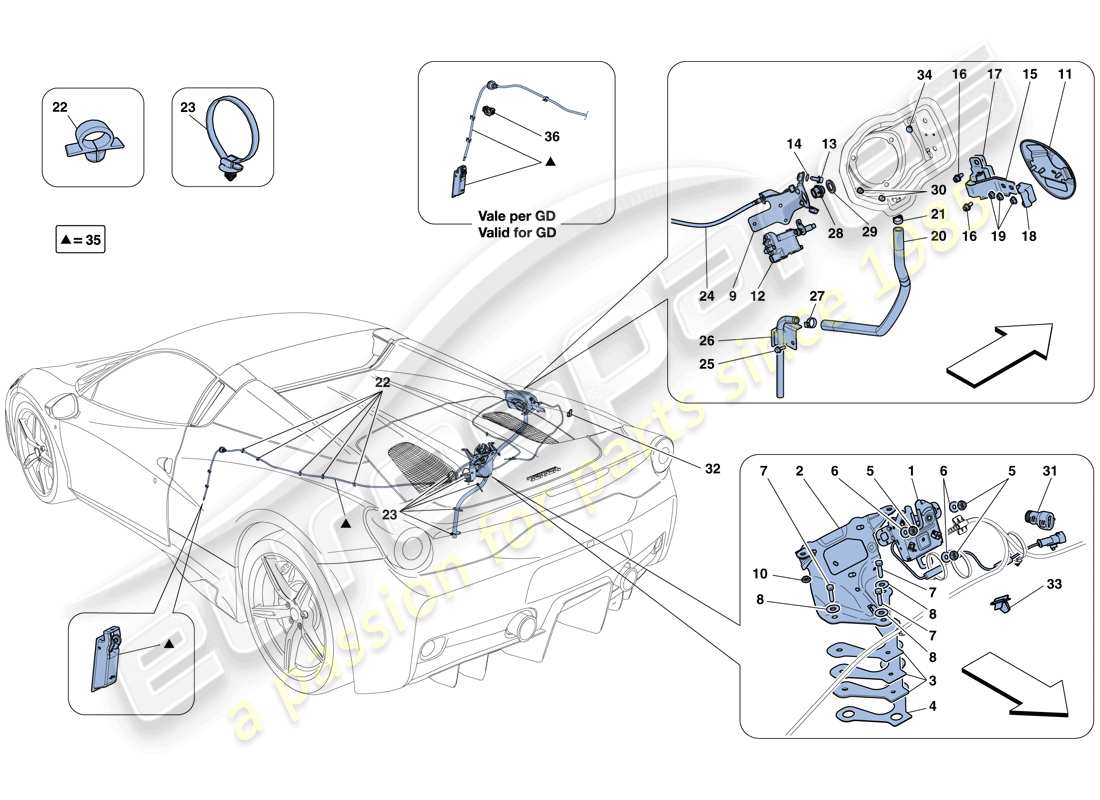 ferrari 458 speciale aperta (rhd) engine compartment lid and fuel filler flap opening mechanisms parts diagram