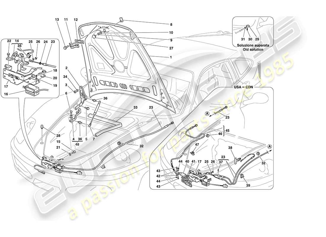 ferrari f430 coupe (usa) front lid and opening mechanism part diagram
