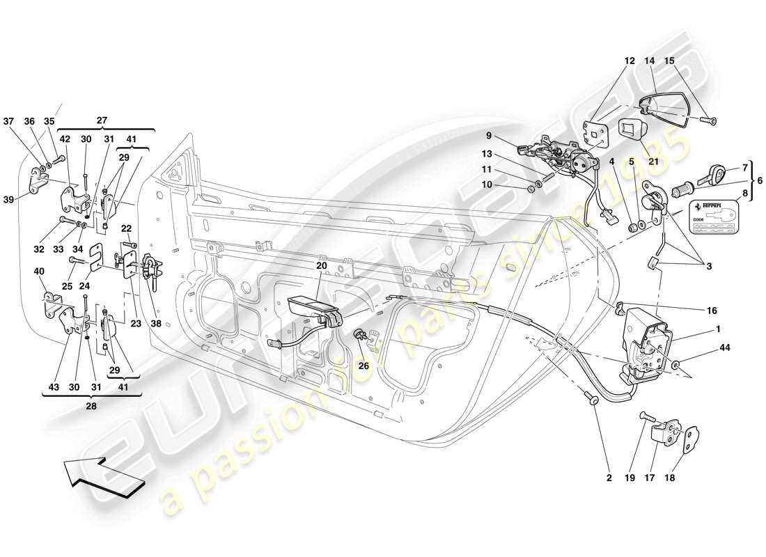 ferrari 599 gto (rhd) doors - opening mechanism and hinges parts diagram