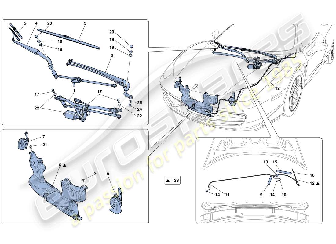 ferrari 458 spider (rhd) windscreen wiper, windscreen washer and horns part diagram