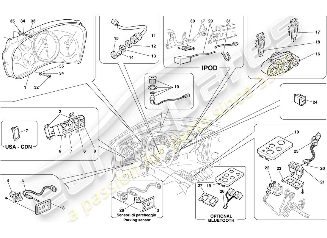 ferrari f430 coupe (europe) dashboard and tunnel instruments part diagram