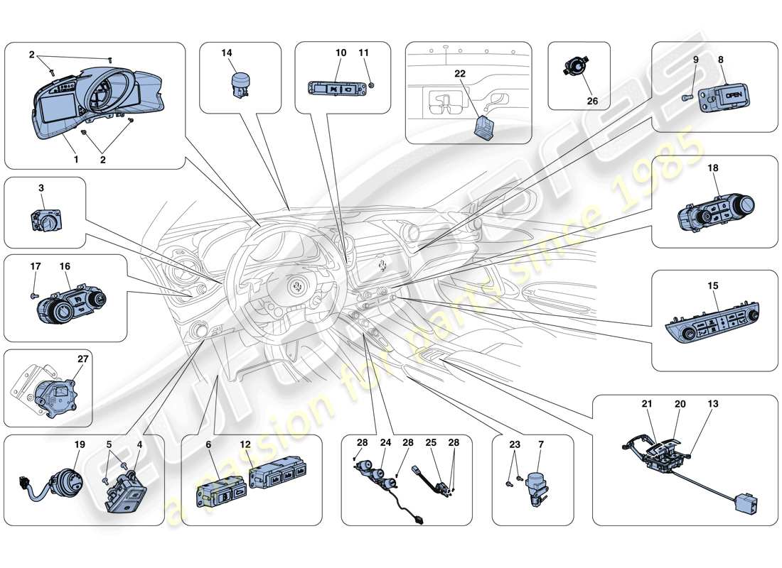 ferrari gtc4 lusso (rhd) dashboard and tunnel instruments parts diagram
