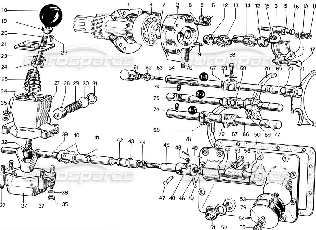 ferrari 365 gtb4 daytona (1969) gearbox controls & oil pump (1974 revision) part diagram