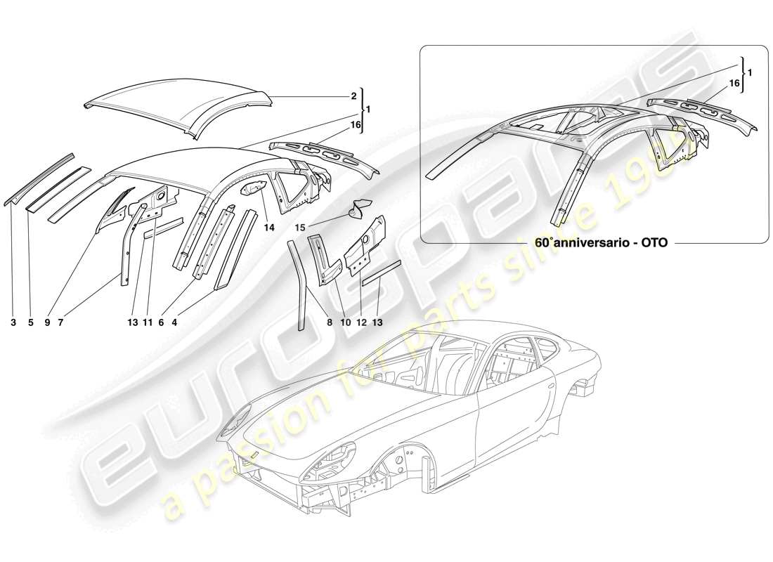 ferrari 612 scaglietti (usa) bodyshell - roof parts diagram