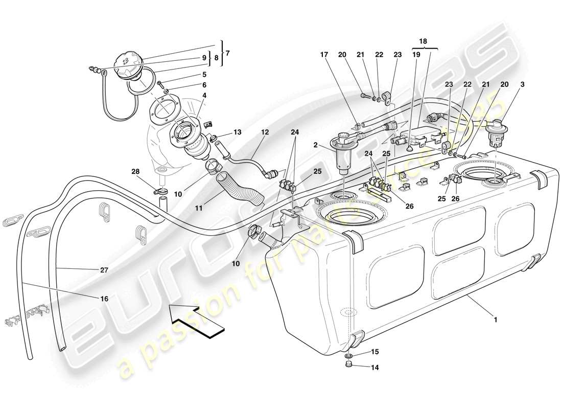 ferrari 612 scaglietti (usa) fuel tank - filler neck and pipes parts diagram