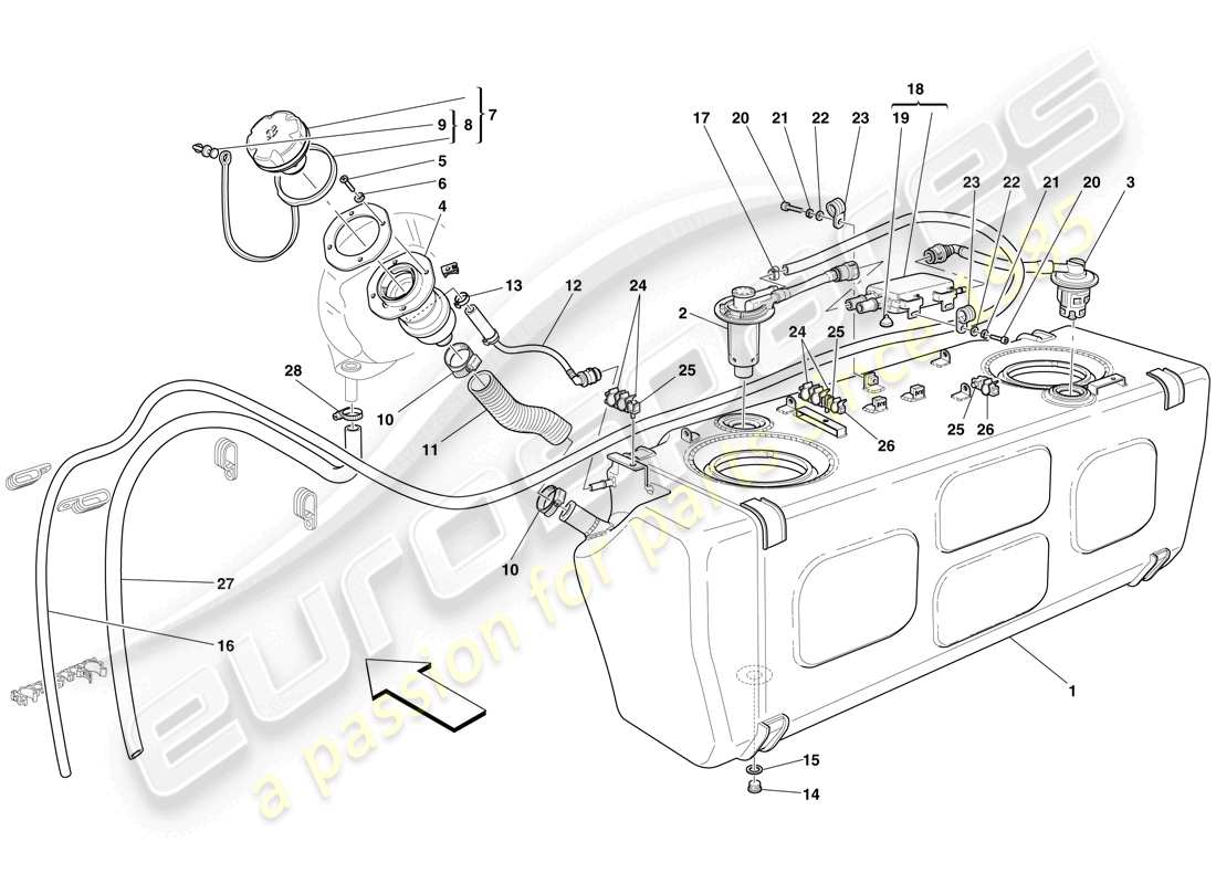 ferrari 612 scaglietti (usa) fuel tank - filler neck and pipes part diagram